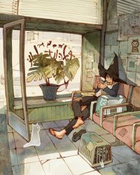 Rule 34 | 1girl, bench, black hair, black pants, window blinds, cat, chair, drawing, flip-flops, flower pot, ghost, hat, highres, holding, holding phone, long sleeves, looking at phone, original, pants, paper, pet carrier, phone, plant, potted plant, sandals, signature, simz, tile floor, tiles, window, witch, witch hat