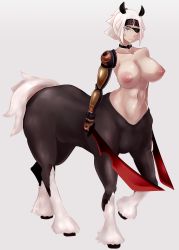 Rule 34 | 1girl, animal ears, armor, breasts, centaur, choker, cleavage, closed mouth, collarbone, colored eyelashes, dual wielding, eyepatch, full body, headband, highres, holding, holding sword, holding weapon, horizontal pupils, horse ears, horse tail, large breasts, monster girl, monster girl island, navel, nipples, one eye covered, redamz, short hair, simple background, solo, standing, sword, tail, taur, therona, weapon, white eyes, white hair