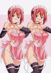 Rule 34 | 1girl, absurdres, apron, bandaid, bandaid on face, bandaid on nose, blush, breasts, cleavage, detached sleeves, embarrassed, eyebrows hidden by hair, frilled sleeves, frilled thighhighs, frills, hair ornament, hairpin, heart, heart apron, heart hair ornament, heart hands, highres, huge filesize, looking at viewer, maid headdress, maken-ki!, naked apron, panties, purple eyes, red hair, shinatsu azuki, short hair, side-tie panties, sparkle, striped clothes, striped panties, surprised, sweat, takeda hiromitsu, thighhighs, underwear, wavy mouth, wrist cuffs, zettai ryouiki