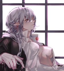Rule 34 | 1girl, alternate costume, arknights, black jacket, breasts, commentary, earrings, eyes visible through hair, gladiia (arknights), grey hair, hair over eyes, jacket, jewelry, open clothes, open shirt, pointy ears, profile, red eyes, shirt, solo, tankimouto, upper body, white shirt