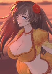 Rule 34 | 1girl, absurdres, blouse, blue eyes, blurry, breasts, brown hair, choker, cleavage, cowboy shot, depth of field, earrings, eyelashes, fate/grand order, fate (series), flower, frilled shirt, frills, hair ornament, highres, hoop earrings, jewelry, large breasts, lips, long hair, looking at viewer, mata hari (fate), midriff, navel, orange shirt, outdoors, pom pom (clothes), shirt, skirt, smile, solo, standing, stomach