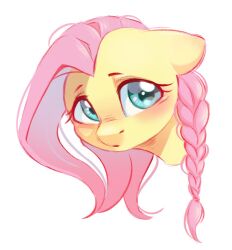 Rule 34 | 1girl, blush, braid, fluttershy, green eyes, grey background, long hair, looking at viewer, melodylibris, my little pony, my little pony: friendship is magic, no humans, pegasus, pink hair, portrait, simple background, solo, yellow fur