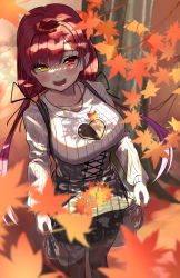 Rule 34 | 1girl, autumn leaves, black ribbon, blurry, blurry foreground, blush, breasts, brown pantyhose, cleavage, commentary request, feet out of frame, from above, hair ribbon, heart, heterochromia, high-waist skirt, highres, hololive, houshou marine, large breasts, long hair, long sleeves, looking at viewer, nail polish, nyaa28, open mouth, pantyhose, puffy long sleeves, puffy sleeves, red hair, ribbon, see-through, see-through cleavage, skirt, skirt basket, smile, solo, standing, sweater, virtual youtuber, white sweater, yellow eyes, yellow nails
