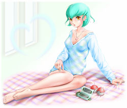 Rule 34 | 1girl, aqua hair, barefoot, bed, bottomless, breasts, cleavage, fang, feet, gardevoir, gen 3 pokemon, heart, highres, jewelry, miharin, nail polish, naked shirt, necklace, personification, poke ball, pokedex, pokemon, shirt, solo, toes, yellow eyes