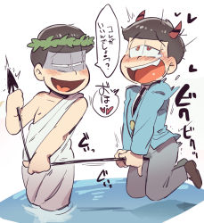 Rule 34 | 10s, 2boys, blush, brothers, demon horns, demon tail, drooling, formal, heart, heart in mouth, horns, laurel crown, looking at another, male focus, matsuno choromatsu, matsuno osomatsu, multiple boys, osomatsu-kun, osomatsu-san, osomatsu (series), sanjiro (tenshin anman), siblings, simple background, suit, tail, tail grab, tearing up, toga, wading, white background, wince