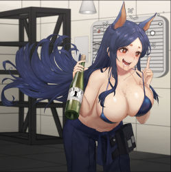 Rule 34 | 1girl, :d, absurdres, animal ears, arknights, bare arms, bare shoulders, bikini, blue bikini, blue hair, blue pants, blush, bottle, breasts, cleavage, commentary, cowboy shot, dobermann (arknights), dog ears, drooling, fangs, hand up, highres, holding, holding bottle, index finger raised, indoors, k.pumpkin, large breasts, leaning forward, long hair, navel, nose blush, open mouth, pants, pouch, pulling own clothes, red eyes, sake bottle, sidelocks, smile, solo, standing, stomach, strap pull, swimsuit, thick eyebrows, very long hair