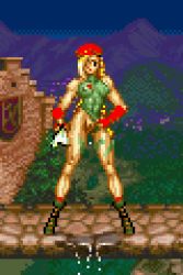 Rule 34 | 1girl, beret, black footwear, blonde hair, boots, braid, breasts, cammy white, capcom, clothing aside, fingerless gloves, gloves, green leotard, hat, large breasts, leg tattoo, leotard, leotard aside, long hair, mountain, pixel art, puddle, pussy, red gloves, red headwear, saiwai hiroshi, standing, street fighter, tattoo, twin braids