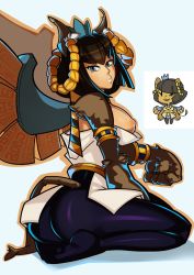 Rule 34 | 1girl, animal hands, ass, black background, blue eyes, breasts, highres, horns, light smile, lips, monster girl, nipples, short shorts, shorts, simple background, solo, sphinx, sphinx princess (towergirls), splashbrush, tail, towergirls