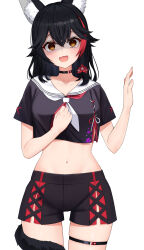 Rule 34 | 1girl, absurdres, ai (u e o o), animal ear fluff, animal ears, black choker, black hair, black shirt, black shorts, blush, brown eyes, choker, clenched hand, commentary request, cowboy shot, cropped shirt, cross-laced clothes, cross-laced shorts, hair between eyes, hand up, highres, hololive, midriff, multicolored hair, multicolored neckerchief, navel, neckerchief, official alternate costume, ookami mio, ookami mio (another ookami mio), open mouth, red hair, red neckerchief, sailor collar, shirt, short sleeves, shorts, simple background, solo, stomach, streaked hair, tail, tail around own leg, tearing up, thigh strap, thighs, virtual youtuber, white background, white neckerchief, white sailor collar, wolf ears, wolf girl, wolf tail