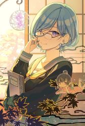 Rule 34 | 2girls, architecture, bespectacled, black-framed eyewear, black shirt, blue hair, book, branch, commentary request, day, east asian architecture, ghost, glasses, grey sailor collar, highres, hinomori shizuku, ichigo ichie na hyakki yagyou!? (project sekai), indoors, leaf, light blue hair, liso, long sleeves, looking at viewer, looking over eyewear, lying, multiple girls, neckerchief, official alternate costume, official alternate hair length, official alternate hairstyle, on back, over-rim eyewear, project sekai, purple eyes, sailor collar, semi-rimless eyewear, shirt, short hair, shouji, sliding doors, smile, solo focus, upper body, yellow neckerchief