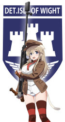 Rule 34 | 1girl, animal ears, anti-materiel rifle, blue eyes, bow, bow panties, boys anti-tank rifle, brown hat, brown jacket, cat tail, commentary, cowboy shot, crotch seam, flat cap, gluteal fold, gun, hat, highres, holding, holding gun, holding weapon, isle of wight detachment group (emblem), jacket, kaneko (novram58), light brown hair, long hair, long sleeves, looking at viewer, necktie, no pants, open mouth, panties, red necktie, red thighhighs, rifle, shirt, smile, sniper rifle, solo, standing, strike witches, striped clothes, striped thighhighs, tail, thighhighs, underwear, weapon, white shirt, wilma bishop, world witches series