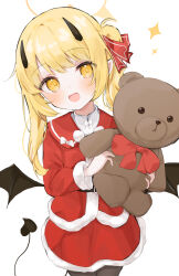 Rule 34 | 1girl, absurdres, black horns, black pantyhose, black tail, black wings, blonde hair, blue archive, blush, demon tail, demon wings, halo, highres, holding, holding stuffed toy, horns, ibuki (blue archive), long hair, long sleeves, looking at viewer, noko (nco029685627), open mouth, pantyhose, pointy ears, santa costume, side ponytail, simple background, smile, solo, stuffed animal, stuffed toy, tail, teddy bear, white background, wings, yellow eyes, yellow halo