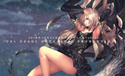 Rule 34 | 1girl, ad, animal ears, armpits, arms up, belt, black dress, breasts, cleavage, commentary, dated, detached sleeves, dress, english text, fantasy, frilled dress, frilled skirt, frills, hair between eyes, highres, knee up, long hair, long sleeves, medium breasts, night, night sky, open mouth, original, rabbit ears, rabbit girl, rabbit tail, red eyes, short dress, silver hair, skirt, sky, star (sky), starry sky, tachikawa mushimaro, tail, text focus, thighs, wide sleeves