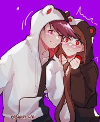 Rule 34 | 1boy, 1girl, absurdres, barry nah, black hoodie, blush, brown hair, collarbone, commentary, cosplay, danganronpa (series), danganronpa v3: killing harmony, english commentary, facial hair, goatee, grin, hair ornament, harukawa maki, highres, holding, holding own hair, hood, hood up, hoodie, long hair, long sleeves, looking at another, mole, mole under eye, momota kaito, monokuma, monokuma (cosplay), one eye closed, parted lips, pink eyes, purple background, red eyes, red scrunchie, scrunchie, smile, teeth, trembling, very long hair, white hoodie