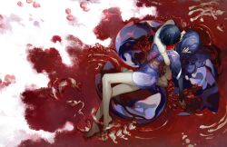 Rule 34 | 1boy, 1girl, absurdres, bare legs, bare shoulders, barefoot, blood, blood on face, blood stain, blue hair, braid, doll joints, from above, genshin impact, highres, hug, japanese clothes, joints, long hair, lying, mitsudomoe (shape), mother and son, nnikko, on side, pool of blood, purple hair, raiden shogun, ripples, scaramouche (genshin impact), short hair, single braid, sitting, tomoe (symbol), wariza
