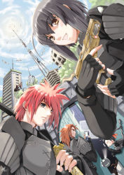 Rule 34 | 2boys, 2girls, :d, armor, black hair, blue sky, blush, building, city, day, expressionless, grin, holding, holding sword, holding weapon, looking at viewer, multiple boys, multiple girls, open mouth, original, over shoulder, red hair, short hair, sidelocks, sky, skyscraper, smile, spiked hair, sword, teeth, tower, upper body, weapon, yuu (yuyukaikan)