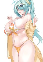 1girl bare_shoulders bikini blue_archive blush breasts cleavage eyewear_on_head floral_print flower green_hair grey_eyes hair_flower hair_ornament hair_over_one_eye halo highres hiyori_(blue_archive) hiyori_(swimsuit)_(blue_archive) jacket large_breasts long_hair long_sleeves looking_at_viewer multicolored_clothes mutou_mame navel off_shoulder open_mouth orange_bikini shirt side_ponytail solo sunglasses swimsuit white_bikini yellow_jacket