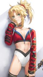 Rule 34 | 1girl, blonde hair, blush, braid, breasts, cleavage, closed mouth, collar, commentary request, cropped jacket, fang, fang out, fate/apocrypha, fate (series), female focus, french braid, green eyes, hair ornament, hair scrunchie, highleg, highres, long hair, long sleeves, looking at viewer, midriff, mordred (fate), mordred (fate/apocrypha), navel, no bra, panties, parted bangs, ponytail, red sweater, scrunchie, small breasts, solo, sweater, thighs, tonee, underwear, white panties