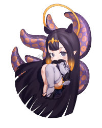 Rule 34 | 1girl, absurdly long hair, absurdres, black dress, black footwear, black gloves, black hair, blunt bangs, blush, chibi, detached sleeves, dress, feathered wings, gloves, gradient hair, grey eyes, guls, half gloves, halo, headpiece, highres, hololive, hololive english, long hair, looking at viewer, low wings, multicolored hair, ninomae ina&#039;nis, ninomae ina&#039;nis (1st costume), okobo, orange hair, pointy ears, sandals, short dress, sidelocks, signature, simple background, single detached sleeve, single thighhigh, solo, straight hair, strapless, strapless dress, tentacle hair, tentacles, thighhighs, tube dress, twitter username, very long hair, virtual youtuber, white background, white thighhighs, white wings, wings