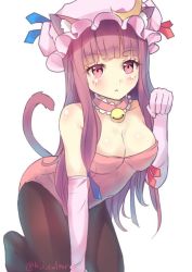 Rule 34 | 1girl, :&lt;, alternate costume, animal ears, artist name, bell, black pantyhose, bow, breasts, cat ears, cat tail, cleavage, collar, crescent, culter, gloves, hat, hat bow, kemonomimi mode, kittysuit, kneeling, large breasts, long hair, looking at viewer, mob cap, nontraditional playboy bunny, pantyhose, patchouli knowledge, paw pose, pink eyes, purple hair, simple background, solo, tail, touhou, white background