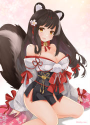Rule 34 | 1girl, animal ears, artist name, azur lane, bell, black sash, bow, breasts, brown hair, brown tail, collar, feet out of frame, flower, hair flower, hair ornament, highres, japanese clothes, kimono, large breasts, large tail, looking at viewer, naganami (azur lane), neck bell, off shoulder, orange eyes, red bow, saekiya sabou, sash, simple background, solo, tail, white flower, white kimono, wide sleeves
