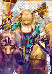 Rule 34 | 1girl, animal ears, arknights, bare shoulders, black choker, black tank top, blonde hair, breasts, chain-link fence, choker, cleavage, cutoffs, fence, green jacket, hammer, holding, holding hammer, jacket, large breasts, lion, lion ears, lion girl, lion tail, multicolored hair, official alternate costume, samo (shichun samo), siege (arknights), siege (legacy) (arknights), studded choker, tail, tank top, war hammer, weapon