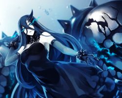 Rule 34 | 10s, 1girl, abyssal ship, armpits, bare shoulders, battleship water oni, black dress, black gloves, black hair, blue eyes, bracelet, bubble, colored skin, crossed bangs, dress, elbow gloves, genyaky, gloves, glowing, glowing eyes, hair between eyes, horns, jewelry, kantai collection, long hair, looking at viewer, monster, oni horns, open mouth, pale skin, parted lips, single horn, solo, spiked bracelet, spikes, strapless, strapless dress, teeth, underwater, white skin