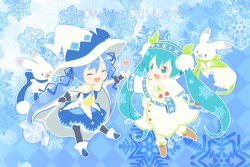 Rule 34 | 10s, 2014, 2015, 2girls, ahoge, aqua eyes, aqua hair, blue hair, blue scarf, boots, rabbit, capelet, character name, checkered background, chibi, dual persona, closed eyes, fingerless gloves, flower, gloves, green scarf, hat, hatsune miku, lily of the valley, long hair, multiple girls, open mouth, pantyhose, samsung (yuzuikka), scarf, skirt, snowflake print, snowflakes, twintails, very long hair, vocaloid, wand, witch hat, yuki miku, yukine (vocaloid)