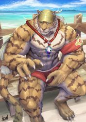 Rule 34 | 1boy, abs, animal ears, armband, bara, beach, bulge, crotch grab, erection, erection under clothes, feet out of frame, furry, furry male, highres, knoll (noru knoll), large pectorals, long hair, looking at viewer, male focus, male swimwear, muscular, muscular male, navel, nipples, official alternate costume, one eye closed, pang (sdorica), pectorals, red male swimwear, sdorica, sitting, solo, stomach, swim briefs, thick eyebrows, thick thighs, thighs, tiger boy, tiger ears, topless male, whistle, whistle around neck