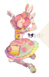 Rule 34 | 1girl, animal ears, arms up, ayase naru, blue footwear, bow, dress, frilled dress, frills, full body, gloves, hair bow, highres, idol clothes, jumping, katupuraamen, looking at viewer, multicolored clothes, multicolored dress, one eye closed, open mouth, pantyhose, pink bow, pink eyes, pink hair, pretty rhythm, pretty rhythm rainbow live, pretty series, puffy short sleeves, puffy sleeves, rabbit ears, rabbit pose, shoes, short hair, short sleeves, solo, white background, white gloves, white pantyhose