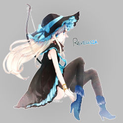 Rule 34 | 1girl, bad id, bad pixiv id, black thighhighs, blonde hair, blue eyes, bow, bow (weapon), character name, copyright request, elf, grey background, hat, hat bow, hat ribbon, high heels, joypyonn, long hair, looking at viewer, outline, pointy ears, ribbon, shoes, solo, thighhighs, weapon, wind