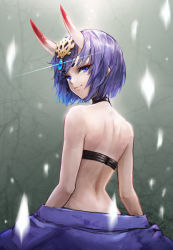 Rule 34 | 1girl, back, bare shoulders, bob cut, eyeliner, fate/grand order, fate (series), headpiece, highres, horns, japanese clothes, kimono, looking at viewer, looking back, makeup, oni, purple eyes, purple hair, purple kimono, revealing clothes, short hair, shuten douji (fate), skin-covered horns, sterben