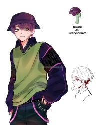 Rule 34 | 1boy, baggy clothes, belt, black belt, black pants, bucket hat, character name, commentary, creature and personification, earrings, english commentary, eyes visible through hair, from side, green sweater vest, grey eyes, hair between eyes, hair over one eye, hand on own hip, hat, highres, instagram username, jewelry, long sleeves, looking at viewer, male focus, multiple views, mushroom, open collar, original, pants, plants vs zombies, pocket, purple hair, purple hat, purple shirt, reka san, scaredy-shroom (plants vs zombies), shirt, short hair, simple background, solo, sweater vest, thick eyebrows, typo, watermark, white background