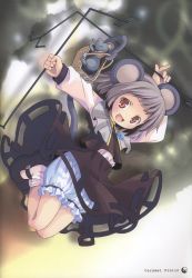 Rule 34 | 1girl, absurdres, animal, animal ears, arm up, basket, bloomers, capelet, dowsing rod, full body, grey hair, highres, jewelry, jumping, long sleeves, mary janes, mouse (animal), mouse ears, mouse tail, nazrin, necklace, open mouth, outstretched arms, pop, red eyes, scan, shirt, shoes, short hair, simple background, skirt, skirt set, smile, socks, solo, tail, touhou, underwear, vest, white socks