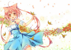 Rule 34 | 1girl, animal ears, bad id, bad pixiv id, blush, bug, butterfly, cat ears, cat tail, dress, flower, happy, bug, long hair, mitsuhachi8, original, petals, pink hair, solo, tail, twintails, yellow eyes