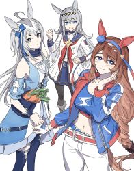 Rule 34 | 3girls, ahoge, animal ears, bag, bandana, belt, belt buckle, black pantyhose, blue dress, blue eyes, blue jacket, blue thighhighs, blush, boots, bow, braid, braided ponytail, breasts, brown hair, buckle, carrot, cleavage, clenched hand, closed mouth, coat, cosplay, costume switch, crop top, crown braid, detached sleeves, dimseomjang-gun, dress, ear bow, fang, fingerless gloves, gloves, grey eyes, grey hair, hairband, hand on own hip, hand up, handbag, highres, horse ears, horse girl, horse tail, jacket, large breasts, lightning bolt symbol, long hair, long sleeves, looking at viewer, multicolored hair, multiple girls, navel, oguri cap (umamusume), open mouth, pants, pantyhose, shoulder bag, simple background, small breasts, smile, super creek (umamusume), tail, tamamo cross (umamusume), thighhighs, umamusume, white background, white coat, white gloves, white pants, wrist cuffs