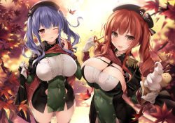 Rule 34 | 2girls, :d, ;p, absurdres, azur lane, beret, between breasts, black headwear, blush, bra visible through clothes, breasts, cape, cleavage, covered navel, cowboy shot, day, dress, food, giving, gloves, groin, hat, highres, holding, holding food, huge breasts, ice cream cone, karory, long hair, looking at viewer, multicolored clothes, multicolored dress, multiple girls, one eye closed, open mouth, outdoors, pelvic curtain, pola (azur lane), purple hair, red cape, red eyes, red hair, short dress, side ponytail, skindentation, smile, strapless, strapless dress, taut clothes, taut dress, thighhighs, thighs, tongue, tongue out, twintails, white gloves, zara (azur lane)