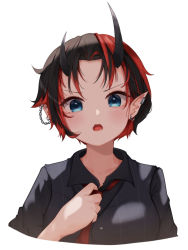 Rule 34 | 1girl, nanashi inc., adjusting clothes, adjusting necktie, black hair, black shirt, blue eyes, blush, breasts, chain, collared shirt, commentary, cropped torso, demon girl, demon horns, ear chain, ear piercing, earrings, horns, jewelry, large breasts, looking at viewer, multicolored hair, necktie, open mouth, piercing, pointy ears, red hair, red necktie, ryugasaki rene, shirt, short hair, simple background, solo, sugar lyric, temari maco, two-tone hair, upper body, virtual youtuber, white background