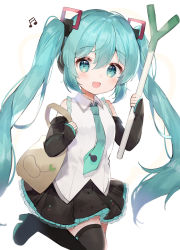 Rule 34 | 1girl, aqua eyes, aqua hair, aqua necktie, beamed sixteenth notes, black footwear, black skirt, black sleeves, blurry, blurry background, collared shirt, commentary request, detached sleeves, hair between eyes, hair ornament, hatsune miku, hatsune miku (vocaloid4), highres, light blush, long hair, looking at viewer, musical note, necktie, open mouth, shirt, skirt, sleeves past wrists, smile, solo, spring onion, thighhighs, toufu mentaru zabuton, twintails, very long hair, vocaloid, white background, white shirt, zettai ryouiki