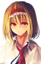 Rule 34 | 1girl, :/, akaiha (akaihagusk), alice margatroid, bad id, bad pixiv id, blonde hair, capelet, closed mouth, collar, expressionless, eyebrows, hair between eyes, necktie, orange eyes, red necktie, short hair, simple background, solo, touhou, tsurime, upper body, wavy mouth, white background