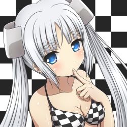 Rule 34 | 10s, 1girl, bare shoulders, bikini, blue eyes, blush, breasts, checkered background, checkered bikini, checkered clothes, cleavage, finger to mouth, highres, ki (kk-sk-ray), long hair, looking at viewer, medium breasts, miss monochrome, miss monochrome (character), parted bangs, solo, swimsuit, twintails