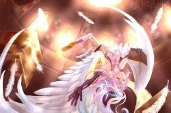 Rule 34 | 10s, 1girl, angel wings, asymmetrical legwear, book, breasts, spiked halo, crop top, cross, feathered wings, feathers, flying, gloves, gradient hair, halo, highres, jibril (no game no life), light smile, long hair, low wings, magic circle, midriff, mismatched legwear, multicolored hair, no game no life, pink hair, sideboob, solo, symbol-shaped pupils, tattoo, very long hair, vv sama, white wings, wing ears, wings, yellow eyes