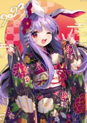 1girl 2023 alternate_costume animal_ears black_kimono blush egasumi floral_print gunjou_row highres japanese_clothes kimono long_hair long_sleeves obi one_eye_closed open_mouth print_kimono purple_hair rabbit_ears red_eyes reisen_udongein_inaba sash smile solo touhou twitter_username wide_sleeves