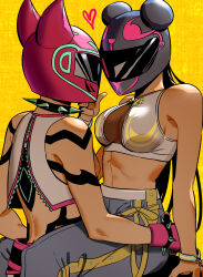 Rule 34 | 2girls, absurdres, arm support, bbubbubbobbo123, bracelet, breasts, capcom, chun-li, cleavage, collar, crop top, han juri, hand on another&#039;s chin, hands on another&#039;s hips, heart, helmet, highres, jewelry, long hair, medium breasts, midriff, motorcycle helmet, multiple girls, official alternate costume, revision, see-through, see-through cleavage, sitting, sleeveless, spiked bracelet, spiked collar, spikes, street fighter, street fighter 6, tear-away pants, yellow background, yuri