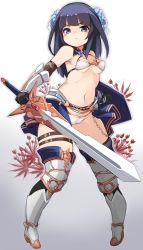 Rule 34 | &gt;:(, 1girl, agatsuma kaede, alice gear aegis, armor, armored boots, bikini, bikini armor, blue flower, blush, boots, breasts, brown gloves, closed mouth, commentary request, elbow gloves, flower, full body, gloves, gradient background, grey background, grey footwear, grey thighhighs, groin, hair flower, hair ornament, high heel boots, high heels, highres, holding, holding shield, holding sword, holding weapon, karukan (monjya), long hair, looking at viewer, medium breasts, navel, pigeon-toed, purple eyes, purple hair, shield, solo, standing, swimsuit, sword, thigh boots, thighhighs, v-shaped eyebrows, weapon, white background, white bikini
