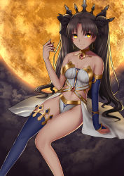 Rule 34 | 1girl, absurdres, asymmetrical legwear, asymmetrical sleeves, bad id, bad pixiv id, black ribbon, blue thighhighs, breasts, bridal gauntlets, brown hair, choker, cleavage, detached sleeves, earrings, fate/grand order, fate (series), full moon, hair ribbon, highres, holding, ishtar (fate), jewelry, kuraka, long hair, looking at viewer, medium breasts, moon, multiple girls, navel, ribbon, sitting, solo, stomach, strapless, thighhighs, tohsaka rin, twintails, two side up, uneven legwear, uneven sleeves, very long hair, yellow eyes