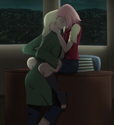 Rule 34 | 2girls, age difference, ass, black footwear, black pants, black skirt, blonde hair, blush, closed eyes, desk, feet out of frame, female focus, green jacket, hand under clothes, haruno sakura, highres, indoors, jacket, kiss, long hair, long sleeves, multiple girls, naruto (series), naruto shippuuden, on desk, optimystic, pants, pink hair, red vest, sandals, shirt, short hair, short sleeves, sitting, on desk, skirt, standing, teacher and student, thigh grab, thighs, toes, tsunade (naruto), vest, yellow shirt, yuri