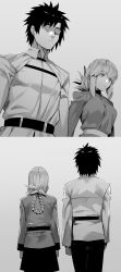 Rule 34 | 1boy, 1girl, absurdres, braid, closed mouth, faceless, faceless male, fate/grand order, fate (series), florence nightingale (fate), from behind, fujimaru ritsuka (male), grey background, greyscale, highres, hxd, long hair, long sleeves, monochrome, shirt, short hair, simple background, skirt