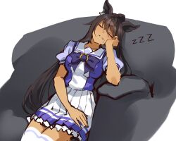 Rule 34 | 1girl, absurdres, animal ears, bean bag chair, bow, breasts, closed eyes, closed mouth, commentary request, dark-skinned female, dark skin, drooling, earrings, hair between eyes, highres, horse ears, horse girl, jewelry, large breasts, long hair, motsunabe (mo2nap3), petticoat, pleated skirt, puffy short sleeves, puffy sleeves, purple bow, purple shirt, sailor collar, shirt, short sleeves, simple background, single earring, skirt, sleeping, solo, summer uniform, symboli kris s (umamusume), thighhighs, umamusume, very long hair, white background, white shirt, white skirt, white thighhighs, zzz