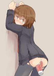 Rule 34 | 1girl, against wall, anal, ass, black pantyhose, blush, brown eyes, brown hair, dildo, double penetration, enjaku izuku, from behind, hair between eyes, highres, kantai collection, looking at viewer, no pants, object insertion, pantyhose, sex toy, short hair, smile, solo, standing, sweat, torn clothes, torn pantyhose, vaginal, vaginal object insertion, wakaba (kancolle)